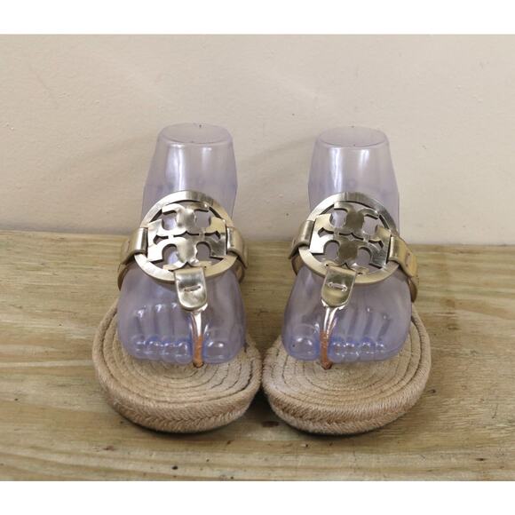 Tory Burch Espadrille Sandals 5M Miller Gold Logo Thong Shoes Flats - Picture 2 of 10